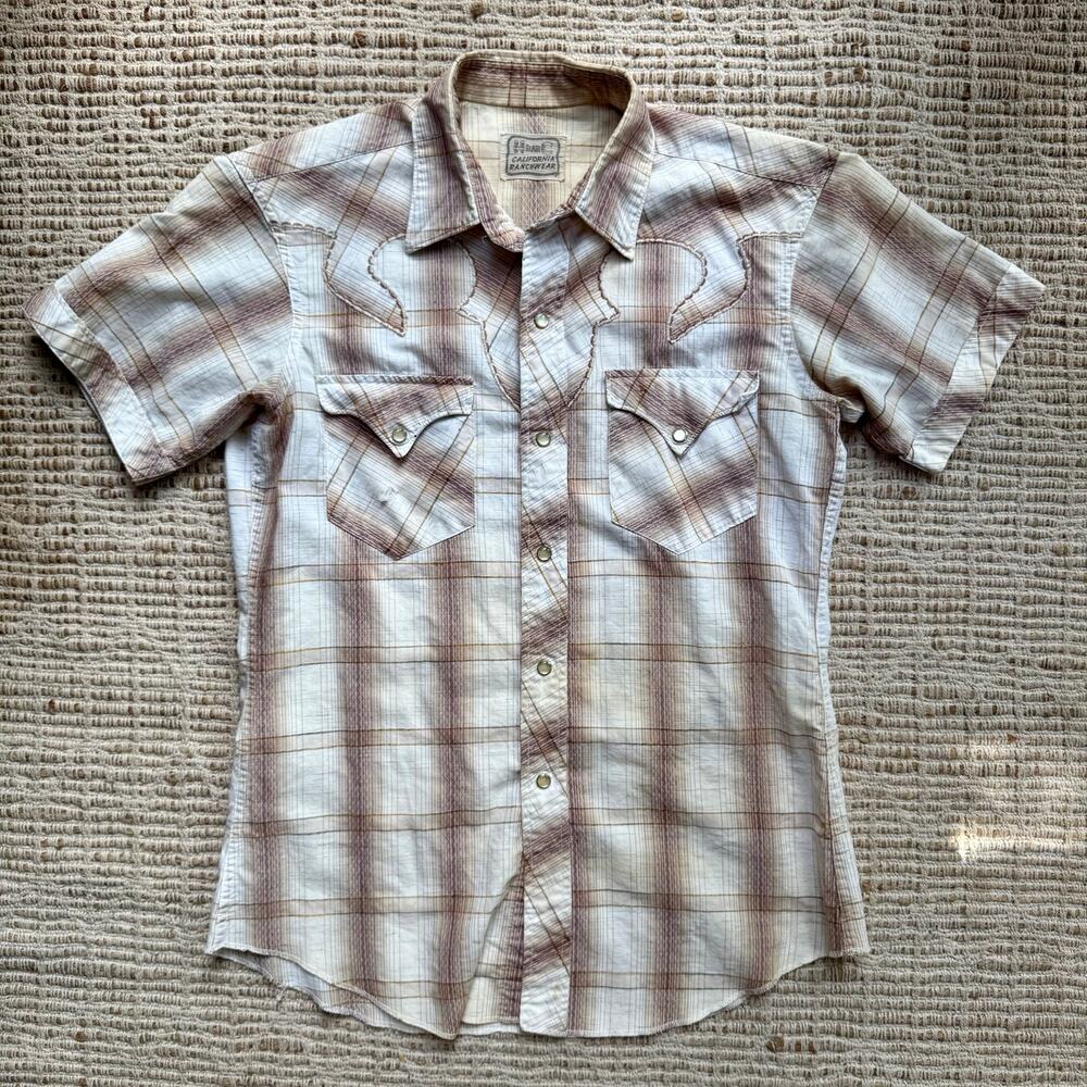 H Bar C California Ranchwear Pearl Snap Western Shirt Medium Beige Plaid Y2K